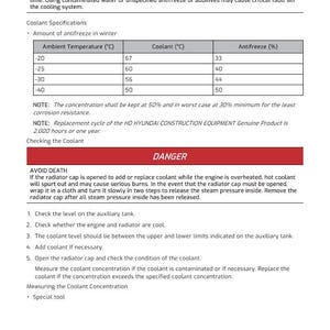 Puede incluir: Documento blanco con instrucciones de seguridad y especificaciones del refrigerante. Incluye una tabla que muestra los porcentajes de anticongelante a diferentes temperaturas, junto con advertencias sobre el manejo del refrigerante y el mantenimiento del motor.