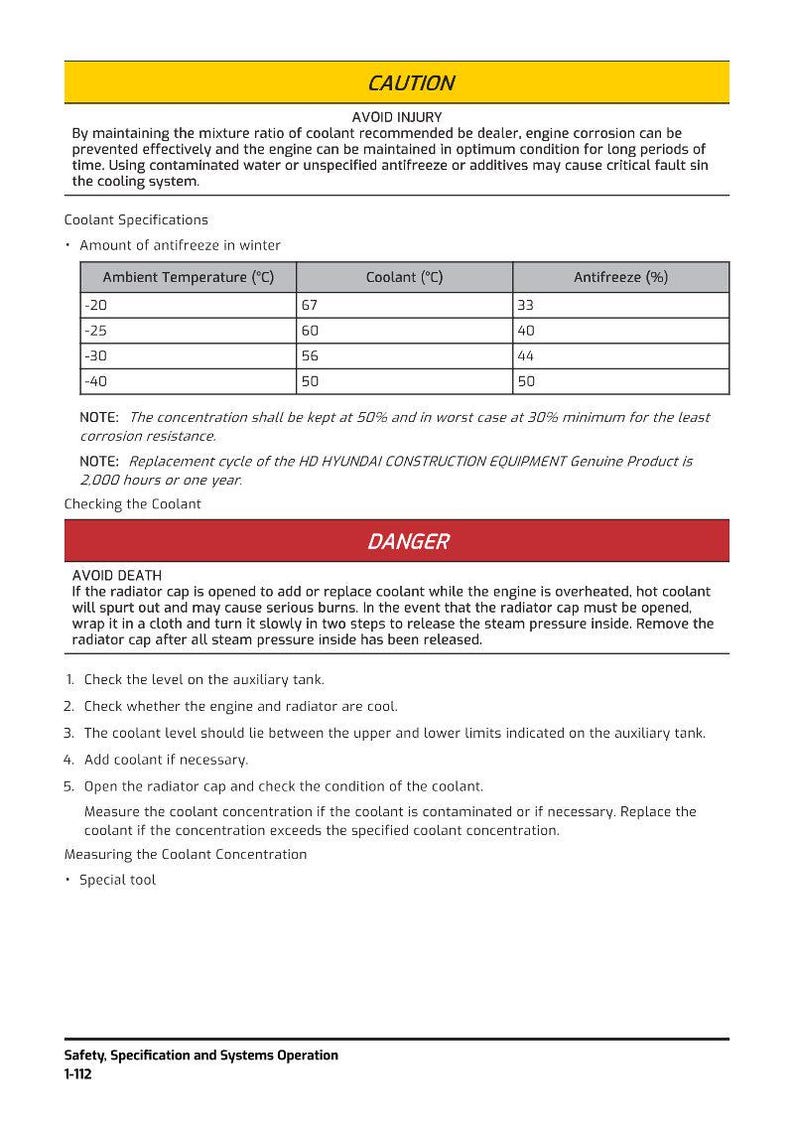 Puede incluir: Documento blanco con instrucciones de seguridad y especificaciones del refrigerante. Incluye una tabla que muestra los porcentajes de anticongelante a diferentes temperaturas, junto con advertencias sobre el manejo del refrigerante y el mantenimiento del motor.