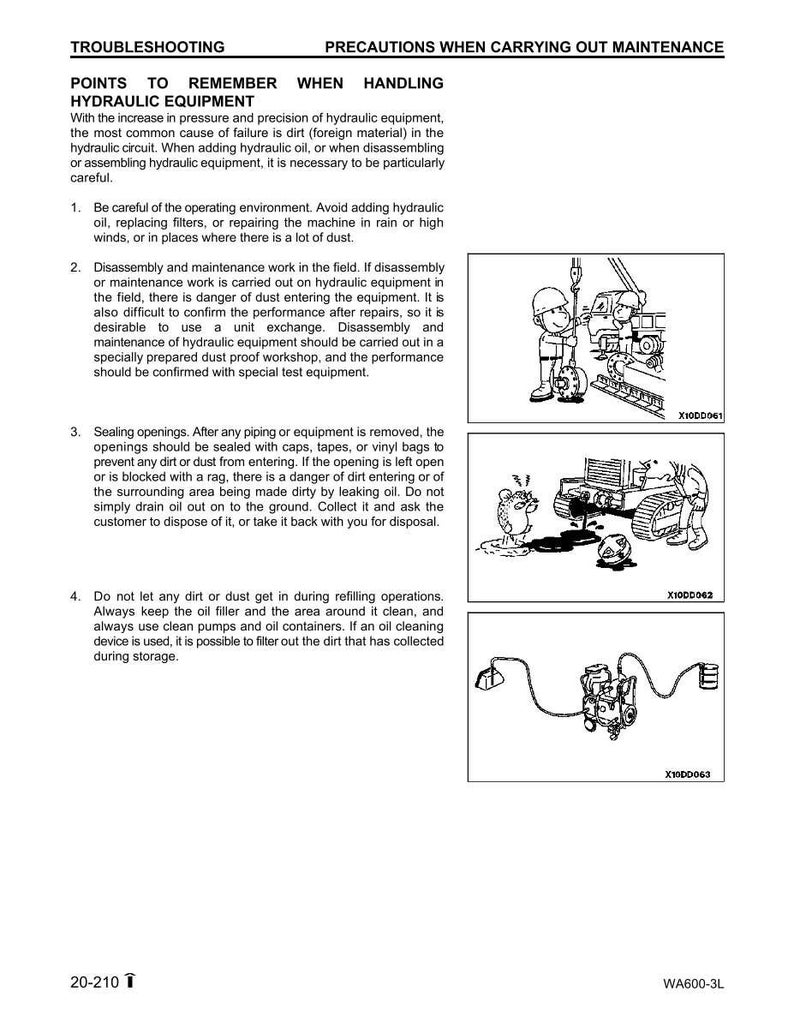 Pu&ograve; includere: Una pagina di manuale con consigli per la risoluzione dei problemi delle apparecchiature idrauliche. Il testo fornisce istruzioni su manipolazione, manutenzione e precauzioni per evitare la contaminazione. Le illustrazioni accompagnano il testo.