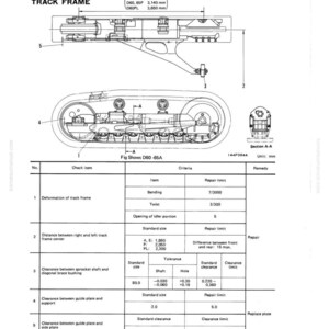 May include: Technical diagram of a track frame, labeled "Maintenance Standard" and "Track Frame." Includes detailed schematics with measurements in millimeters and a table with repair limits and standard sizes. The diagram is for a D60-65A,P-8 model.