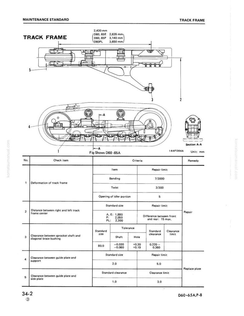 May include: Technical diagram of a track frame, labeled "Maintenance Standard" and "Track Frame." Includes detailed schematics with measurements in millimeters and a table with repair limits and standard sizes. The diagram is for a D60-65A,P-8 model.