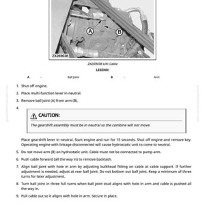 May include: Diagram illustrating the adjustment of a hydrostatic control linkage, with labels for ball joints and arms. Includes a caution about the gearshift assembly and detailed instructions for the procedure. The image is in black and white.