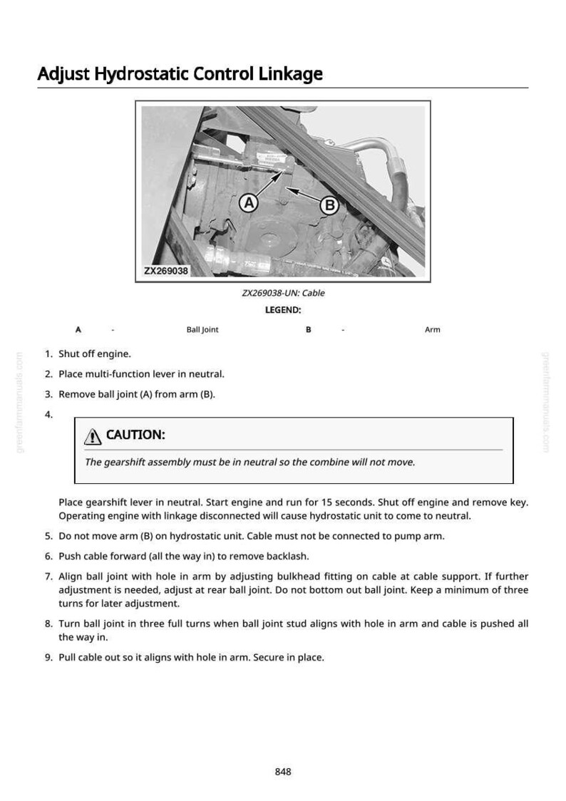 May include: Diagram illustrating the adjustment of a hydrostatic control linkage, with labels for ball joints and arms. Includes a caution about the gearshift assembly and detailed instructions for the procedure. The image is in black and white.