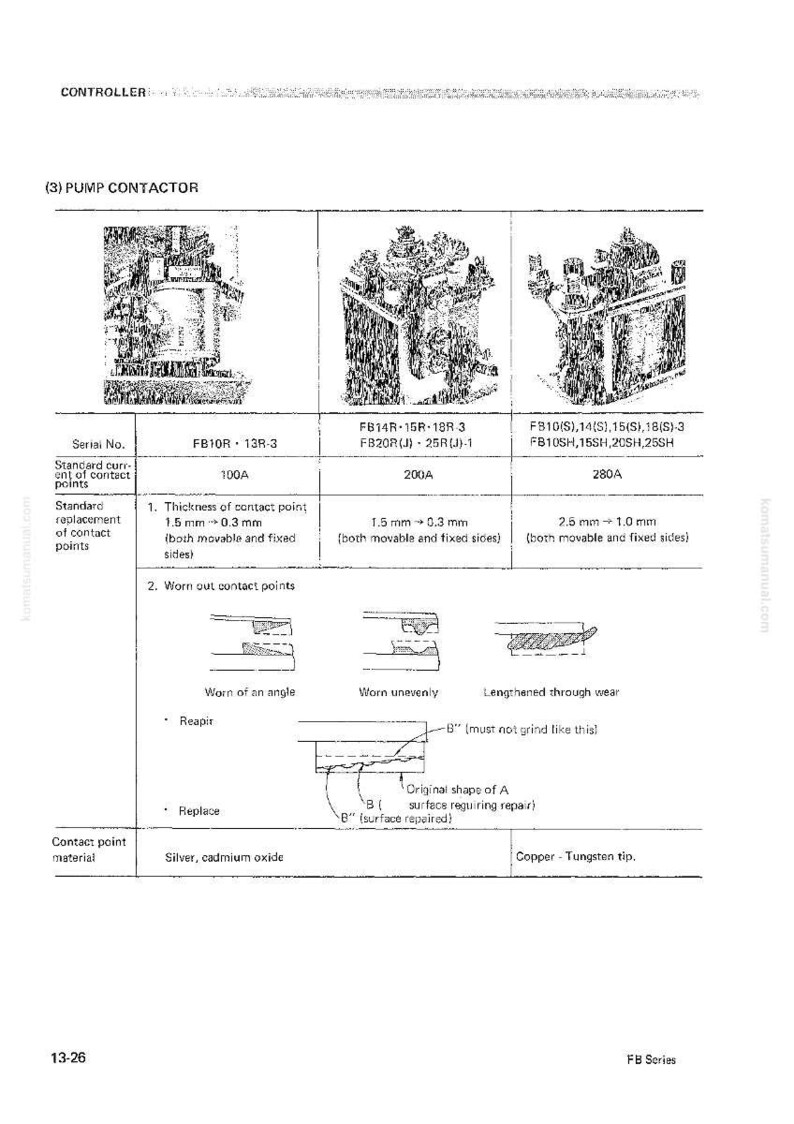 Op de afbeelding: Diagram van een pompcontact, met gedetailleerde illustraties en specificaties. Bevat serienummers, stroomsterktes en metingen in millimeters voor contactpunten. Bevat diagrammen van versleten contactpunten en reparatie-instructies.