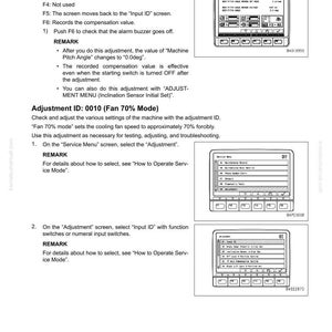 May include: A technical manual page titled "30 Testing and Adjusting" with diagrams of a machine monitor. The page includes instructions for adjustments, with screenshots of the monitor's interface and text descriptions.