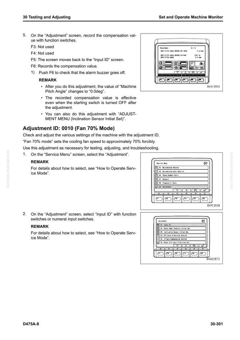 May include: A technical manual page titled "30 Testing and Adjusting" with diagrams of a machine monitor. The page includes instructions for adjustments, with screenshots of the monitor's interface and text descriptions.
