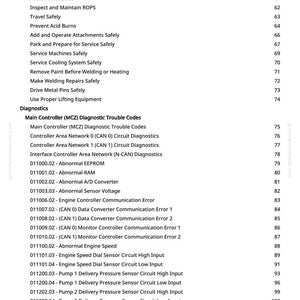 Pode incluir: Uma p&aacute;gina de manual com uma lista de procedimentos de seguran&ccedil;a e c&oacute;digos de problemas de diagn&oacute;stico. O texto inclui instru&ccedil;&otilde;es para operar m&aacute;quinas com seguran&ccedil;a, como evitar linhas de energia e prevenir queimaduras por &aacute;cido. Os c&oacute;digos de diagn&oacute;stico tamb&eacute;m s&atilde;o listados.