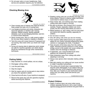 May include: A safety manual page with the title "Safety" and subheadings like "Rotating Blades Are Dangerous" and "Checking Mowing Area." The page includes safety instructions, warnings, and diagrams related to lawn mower operation and maintenance.