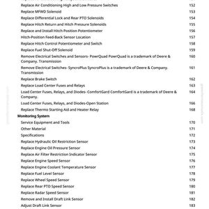 May include: A detailed list of tractor repair and maintenance procedures, including replacing switches, relays, sensors, and solenoids. The document is from greenfarmmanuals.com and includes a table of contents.