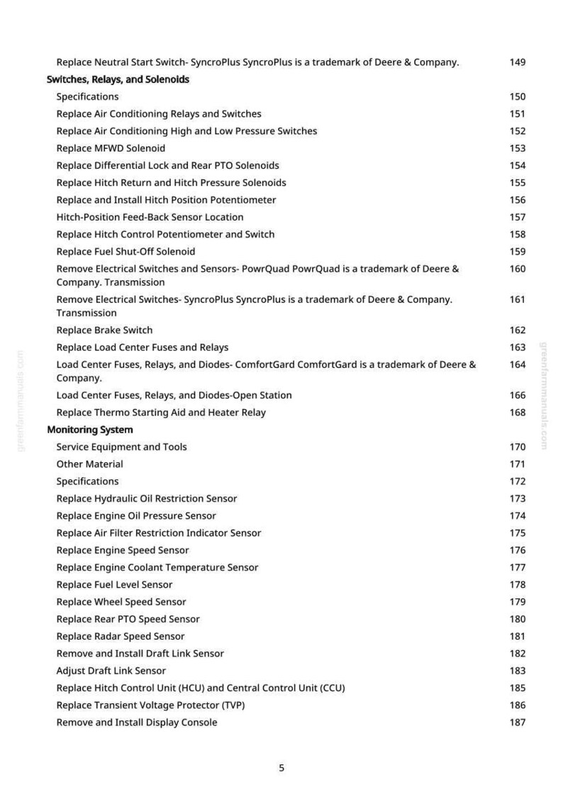 May include: A detailed list of tractor repair and maintenance procedures, including replacing switches, relays, sensors, and solenoids. The document is from greenfarmmanuals.com and includes a table of contents.