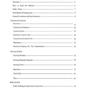 May include: A page from a service manual with a table of contents. The text includes sections on the transmission, steering, and brake systems. The manual is printed in black text on a white background.