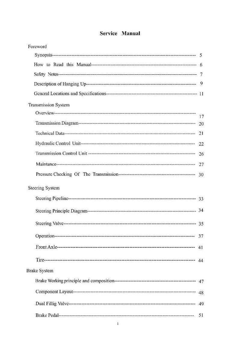 May include: A page from a service manual with a table of contents. The text includes sections on the transmission, steering, and brake systems. The manual is printed in black text on a white background.