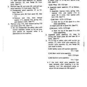 Puede incluir: Diagrama t&eacute;cnico detallado con instrucciones para desmontar y montar un conjunto de v&aacute;lvula de control de ripper. El texto incluye pasos numerados, nombres de piezas y medidas en kgm y kg/cm&sup2;.