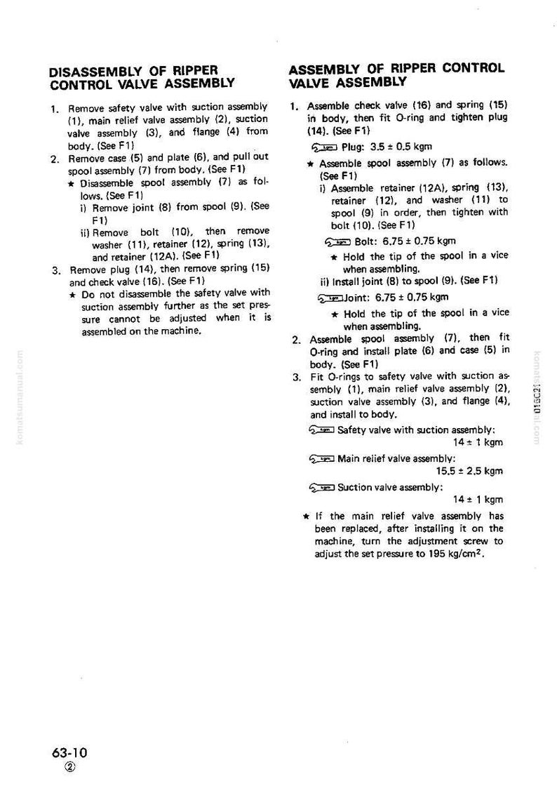 Puede incluir: Diagrama t&eacute;cnico detallado con instrucciones para desmontar y montar un conjunto de v&aacute;lvula de control de ripper. El texto incluye pasos numerados, nombres de piezas y medidas en kgm y kg/cm&sup2;.
