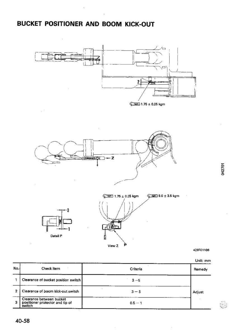 Op de afbeelding: Technische tekening getiteld "BUCKET POSITIONER AND BOOM KICK-OUT" met gedetailleerde mechanische tekeningen en metingen. Bevat een tabel met controle-items, criteria en remedies. Afmetingen zijn in millimeters.