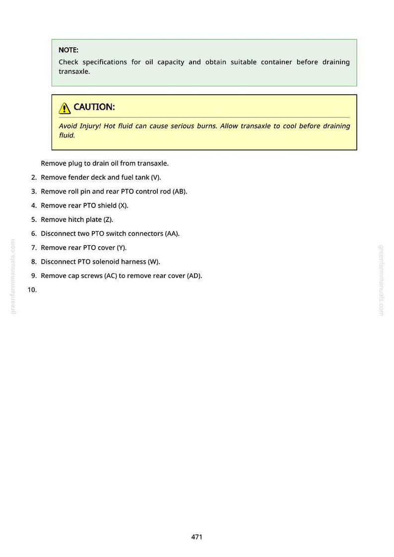 May include: A page from a manual with instructions for draining transaxle fluid. The page includes a "NOTE" and "CAUTION" section, along with numbered steps. The text is in black on a white background, with green and yellow highlights.