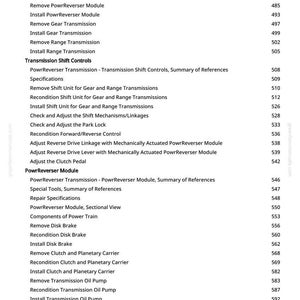 May include: A white page with a detailed table of contents for a PowrReverser Transmission manual. The text includes sections on removal, installation, and repair specifications, with page numbers.