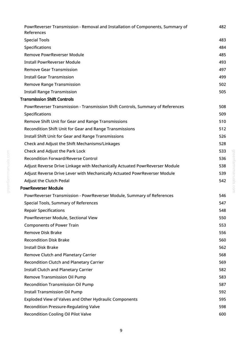 May include: A white page with a detailed table of contents for a PowrReverser Transmission manual. The text includes sections on removal, installation, and repair specifications, with page numbers.