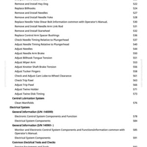 May include: A detailed list of maintenance and repair procedures for agricultural machinery, including tasks like adjusting needles, replacing knives, and checking electrical systems. The text is organized with numbered steps and section headings.