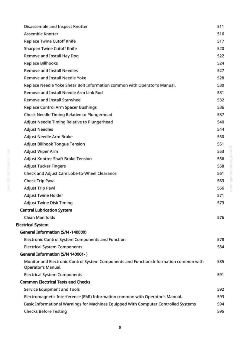 May include: A detailed list of maintenance and repair procedures for agricultural machinery, including tasks like adjusting needles, replacing knives, and checking electrical systems. The text is organized with numbered steps and section headings.