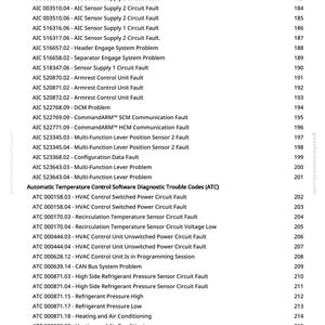 K&ouml;nnte beinhalten: Eine Seite aus einem Handbuch mit einer Liste von Diagnose-Fehlercodes, einschlie&szlig;lich HVAC- und Sensorfehlern. Der Text ist schwarz auf wei&szlig;em Hintergrund, mit Seitenzahlen rechts.