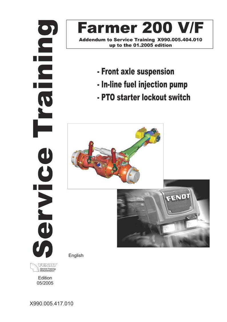 May include: A service training manual for the Farmer 200 V/F tractor. The cover features the text "Farmer 200 V/F" and lists topics like front axle suspension and fuel injection. An image of tractor parts is included.