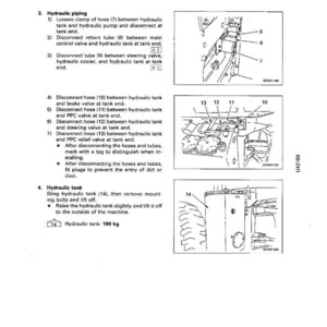 Op de afbeelding: Diagram met instructies voor het demonteren en monteren van een hydraulische tank. Bevat genummerde stappen voor het loskoppelen van slangen en het verwijderen van de tank. De hydraulische tank weegt 199 kg.