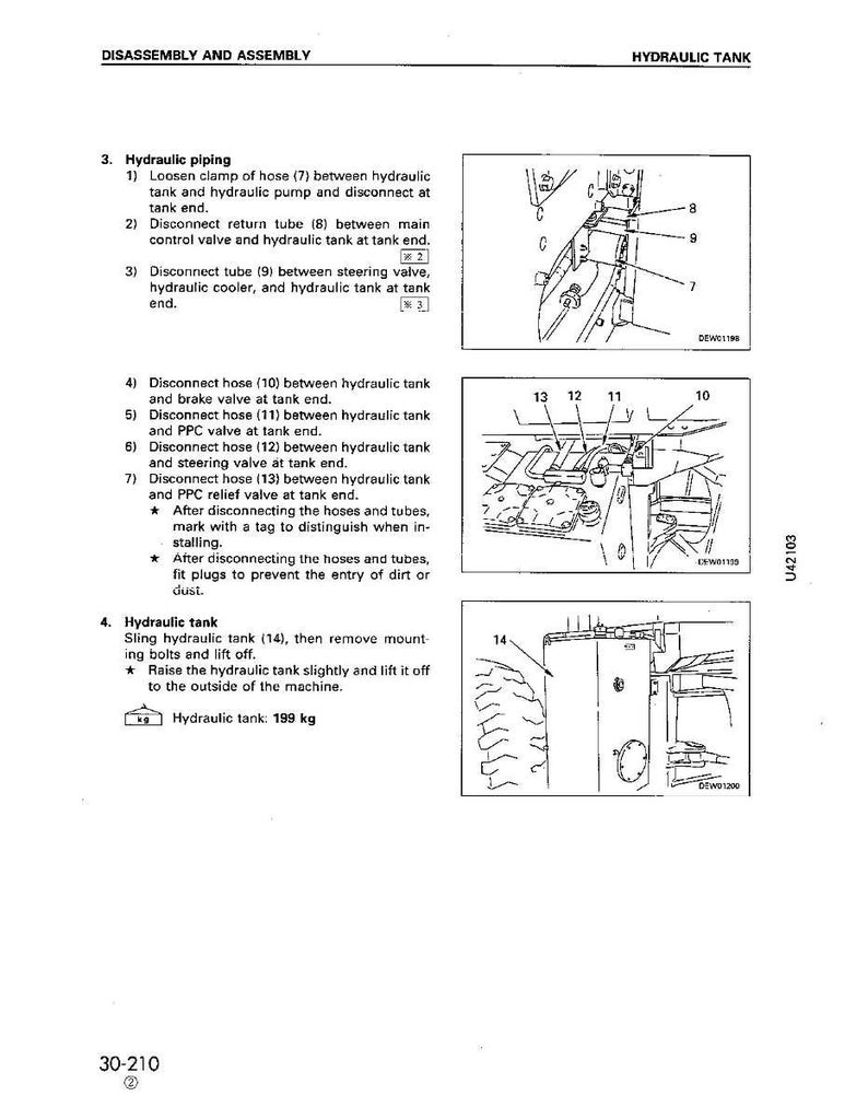 Op de afbeelding: Diagram met instructies voor het demonteren en monteren van een hydraulische tank. Bevat genummerde stappen voor het loskoppelen van slangen en het verwijderen van de tank. De hydraulische tank weegt 199 kg.