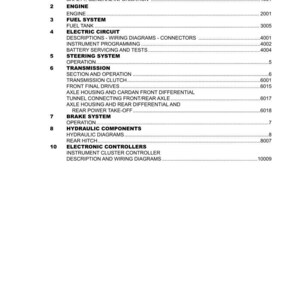 May include: A page from a manual with a table of contents. The title is "TABLE OF CONTENTS". Sections include "GENERAL INFORMATION", "ENGINE", "FUEL SYSTEM", "ELECTRIC CIRCUIT", "STEERING SYSTEM", "TRANSMISSION", "BRAKE SYSTEM", "HYDRAULIC COMPONENTS", and "ELECTRONIC CONTROLLERS".