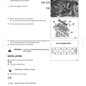 May include: A page from a manual detailing the disassembly and assembly of a cylinder head. Includes diagrams, part numbers, and instructions for removing components like the fuel return hose, tappets cover, and rocker-arm shaft. Also shows bolt loosening order.