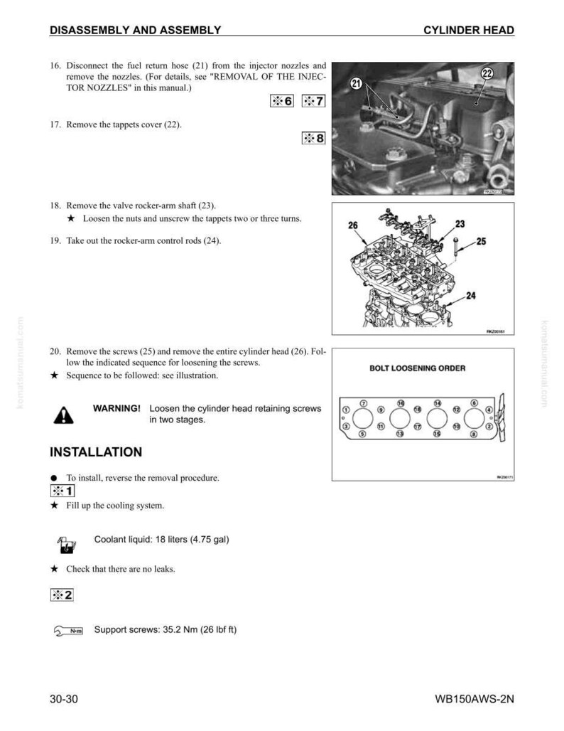 May include: A page from a manual detailing the disassembly and assembly of a cylinder head. Includes diagrams, part numbers, and instructions for removing components like the fuel return hose, tappets cover, and rocker-arm shaft. Also shows bolt loosening order.
