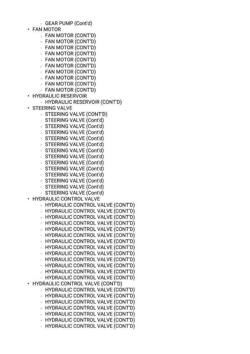 May include: A detailed list of mechanical components, including FAN MOTOR, HYDRAULIC RESERVOIR, STEERING VALVE, and HYDRAULIC CONTROL VALVE, with sub-listings marked as (CONT'D). The text is in a sans-serif font.