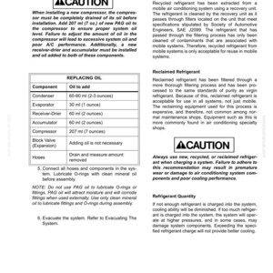 Pode incluir: Um diagrama t&eacute;cnico com o t&iacute;tulo "REFRIGERANT" e um aviso. O diagrama detalha as instru&ccedil;&otilde;es para substituir o &oacute;leo em um sistema de ar condicionado, incluindo as quantidades de &oacute;leo dos componentes em mililitros. Ele tamb&eacute;m fornece informa&ccedil;&otilde;es sobre refrigerantes reciclados e regenerados.