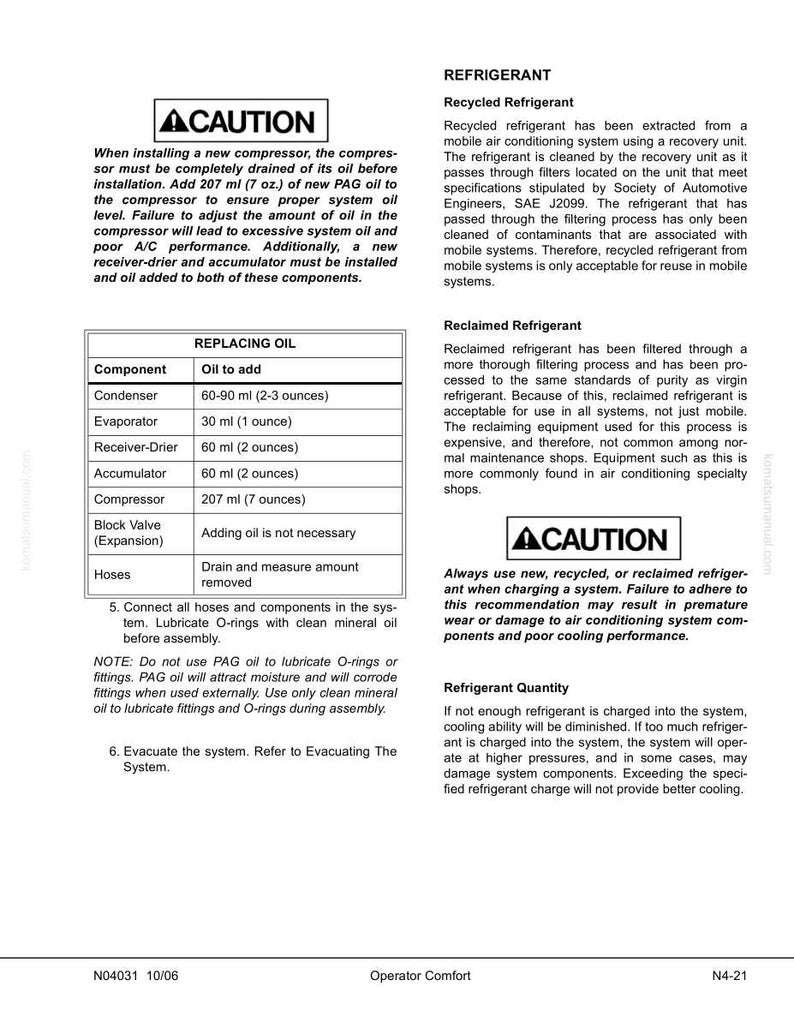 Pode incluir: Um diagrama t&eacute;cnico com o t&iacute;tulo "REFRIGERANT" e um aviso. O diagrama detalha as instru&ccedil;&otilde;es para substituir o &oacute;leo em um sistema de ar condicionado, incluindo as quantidades de &oacute;leo dos componentes em mililitros. Ele tamb&eacute;m fornece informa&ccedil;&otilde;es sobre refrigerantes reciclados e regenerados.