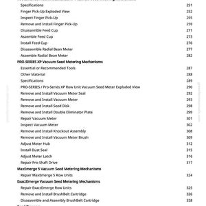 May include: A detailed manual with procedures and specifications for agricultural machinery, including seed metering mechanisms and related components. The text is organised with numbered sections and subheadings, providing a comprehensive guide for maintenance and repair.
