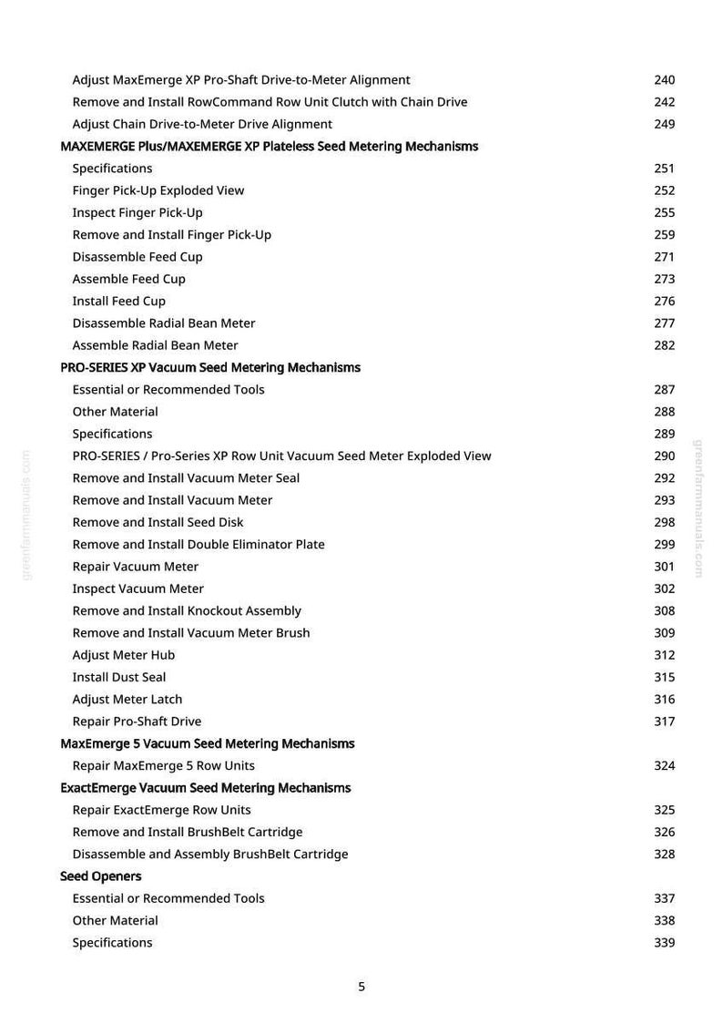 May include: A detailed manual with procedures and specifications for agricultural machinery, including seed metering mechanisms and related components. The text is organised with numbered sections and subheadings, providing a comprehensive guide for maintenance and repair.