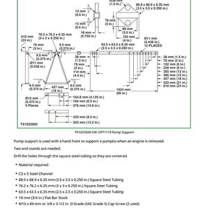 Puede incluir: Diagrama t&eacute;cnico del soporte de bomba DFT1119, con medidas en mil&iacute;metros y pulgadas. El dibujo detalla las dimensiones de los tubos de acero, las barras planas y los tornillos de cabeza cil&iacute;ndrica, con una nota sobre el uso de un polipasto.