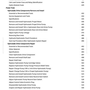 May include: A detailed table of contents from a manual, listing procedures for hydrostatic drive components, including removal, installation, and repair. The text is in black font on a white background, with page numbers on the right.