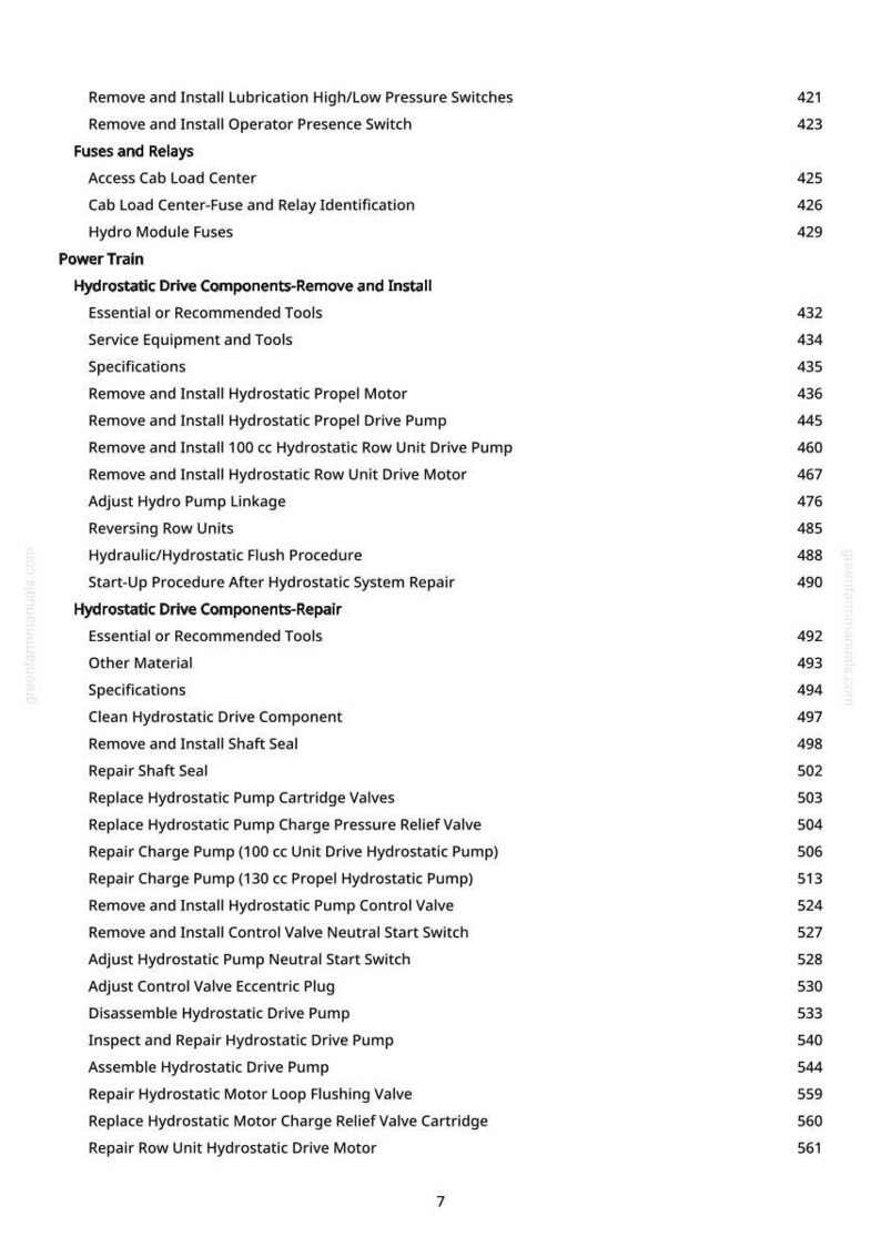 May include: A detailed table of contents from a manual, listing procedures for hydrostatic drive components, including removal, installation, and repair. The text is in black font on a white background, with page numbers on the right.
