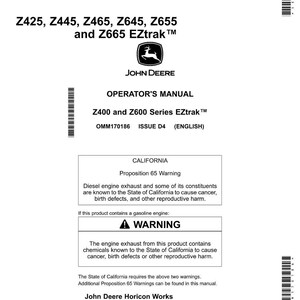 K&ouml;nnte beinhalten: Wei&szlig;es Bedienungshandbuch f&uuml;r EZtrak-M&auml;her der Serien Z400 und Z600. Das Cover enth&auml;lt das John Deere-Logo, Modellnummern und einen kalifornischen Proposition 65-Warnhinweis.
