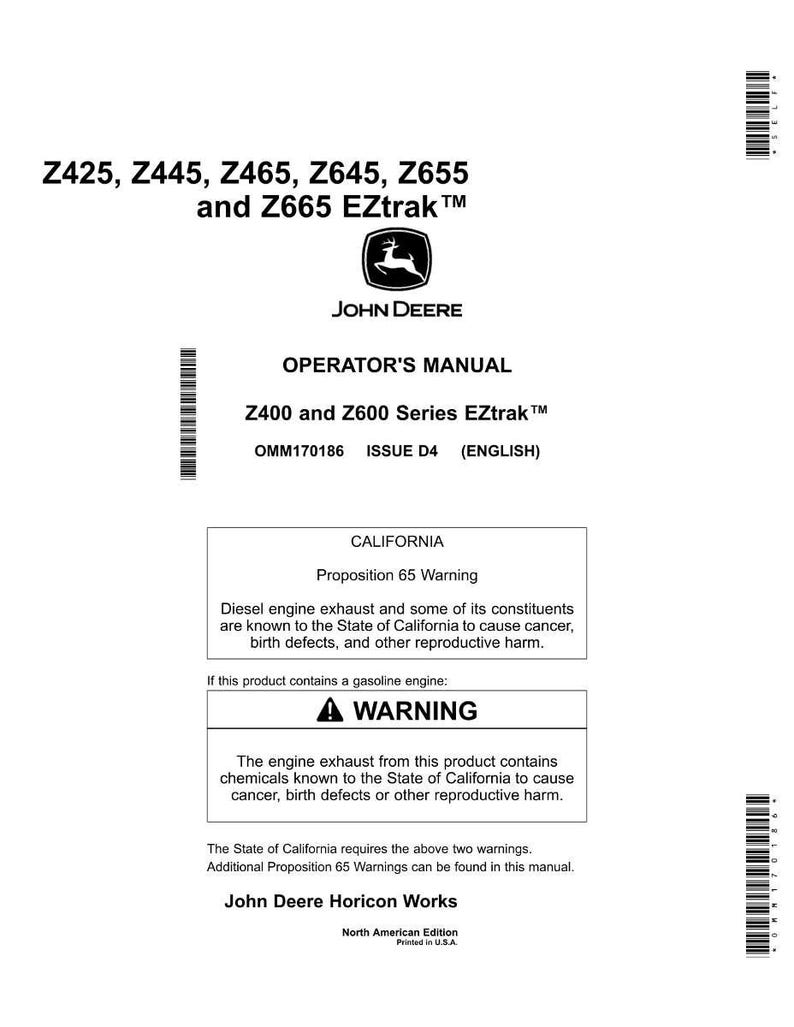 K&ouml;nnte beinhalten: Wei&szlig;es Bedienungshandbuch f&uuml;r EZtrak-M&auml;her der Serien Z400 und Z600. Das Cover enth&auml;lt das John Deere-Logo, Modellnummern und einen kalifornischen Proposition 65-Warnhinweis.
