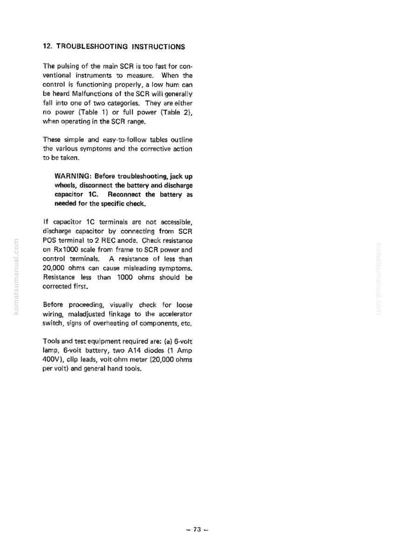 Op de afbeelding: Een pagina uit een handleiding met de titel "Probleemoplossingsinstructies". De tekst beschrijft procedures voor het diagnosticeren en corrigeren van problemen, waaronder het controleren van de weerstand en het inspecteren van componenten. De pagina bevat een waarschuwing en een lijst met benodigde gereedschappen.