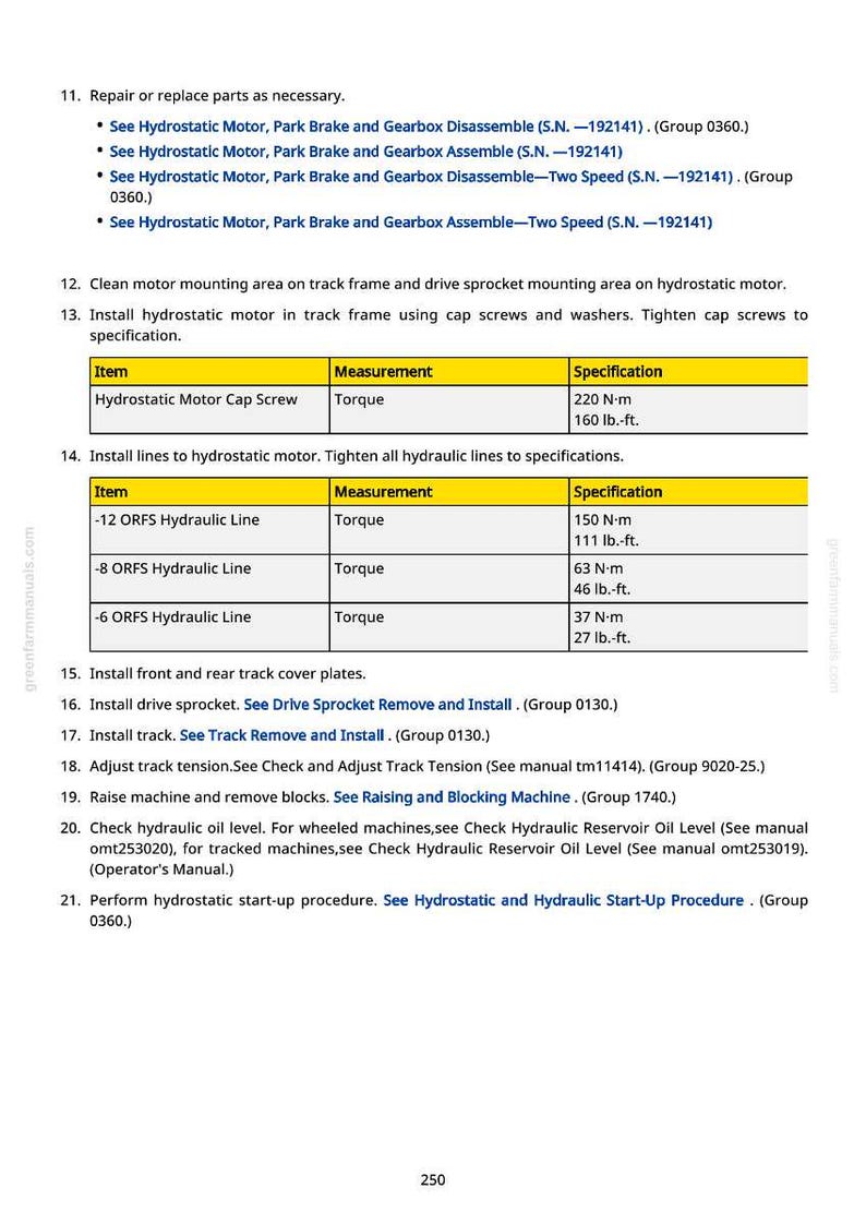 Op de afbeelding: Een pagina uit een handleiding met instructies voor machinereparatie. Het bevat stappen voor de installatie van de hydrostatische motor, koppel specificaties in N-m en lb.-ft., en andere onderhoudsprocedures. De tekst is zwart op een witte achtergrond.