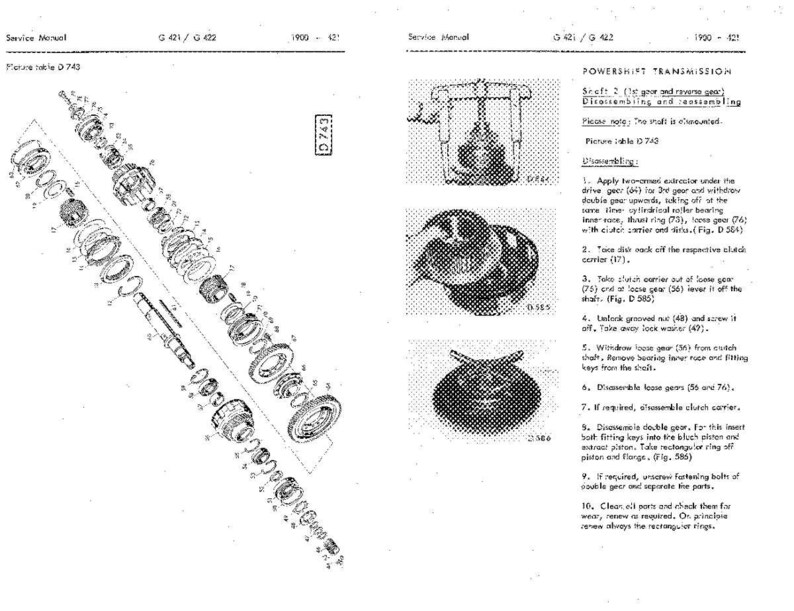 May include: An exploded diagram of mechanical components from a service manual. The image shows various gears, bearings, and other parts, likely for a powershift transmission. Text includes "Powershift Transmission" and "Picture table 0743".