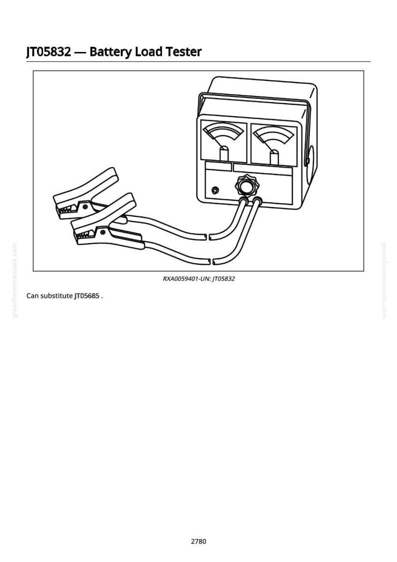 May include: Black and white illustration of a battery load tester. The device has two gauges, a knob, and is connected to clamps. The text "JT05832 - Battery Load Tester" is at the top.