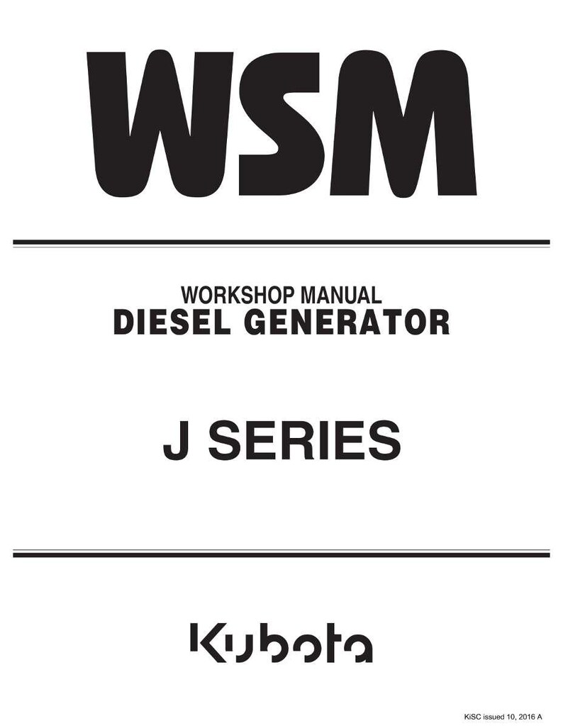 May include: A white background with black text that reads "WSM" at the top. Below, the text reads "WORKSHOP MANUAL DIESEL GENERATOR J SERIES". The Kubota logo is at the bottom.