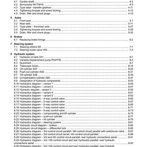May include: A detailed table of contents from a Weidemann manual, listing sections on cooling, axles, brakes, steering, and hydraulic systems. Includes page numbers for easy reference.