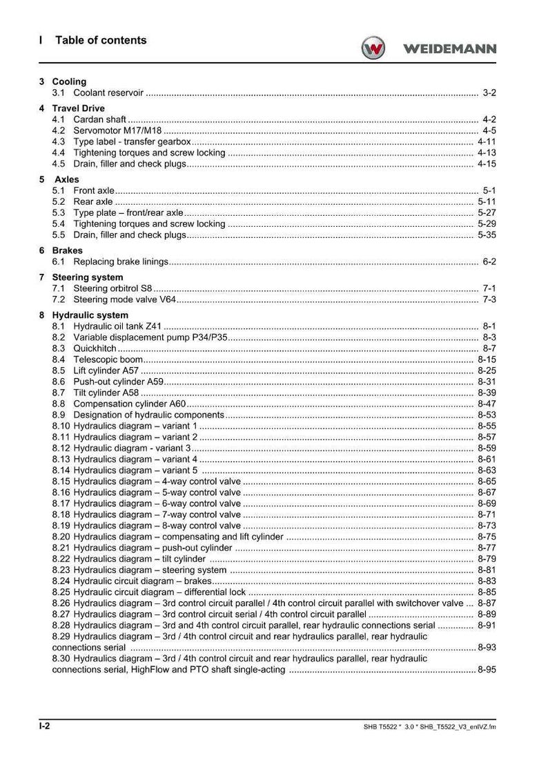 May include: A detailed table of contents from a Weidemann manual, listing sections on cooling, axles, brakes, steering, and hydraulic systems. Includes page numbers for easy reference.