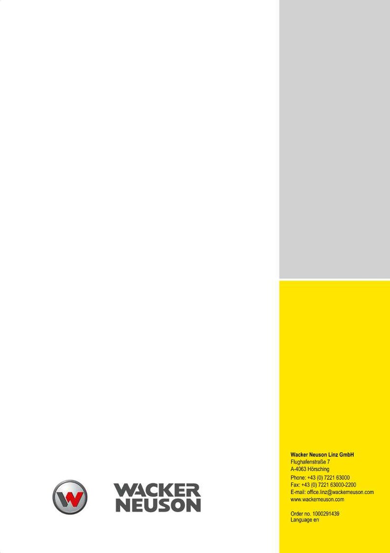 May include: A white background with a gray and yellow section. The Wacker Neuson logo is in the lower left corner. Text on the right side includes company details, phone, fax, email, and website information.