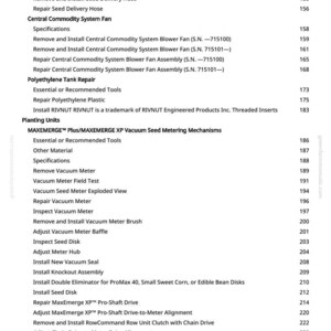 Może przedstawiać: Szczeg&oacute;łowy spis treści z instrukcji, zawierający sekcje takie jak "Seed Delivery Hose", "Central Commodity System Fan" i "Planting Units". Tekst jest czarny na białym tle, z numerami stron po prawej stronie.